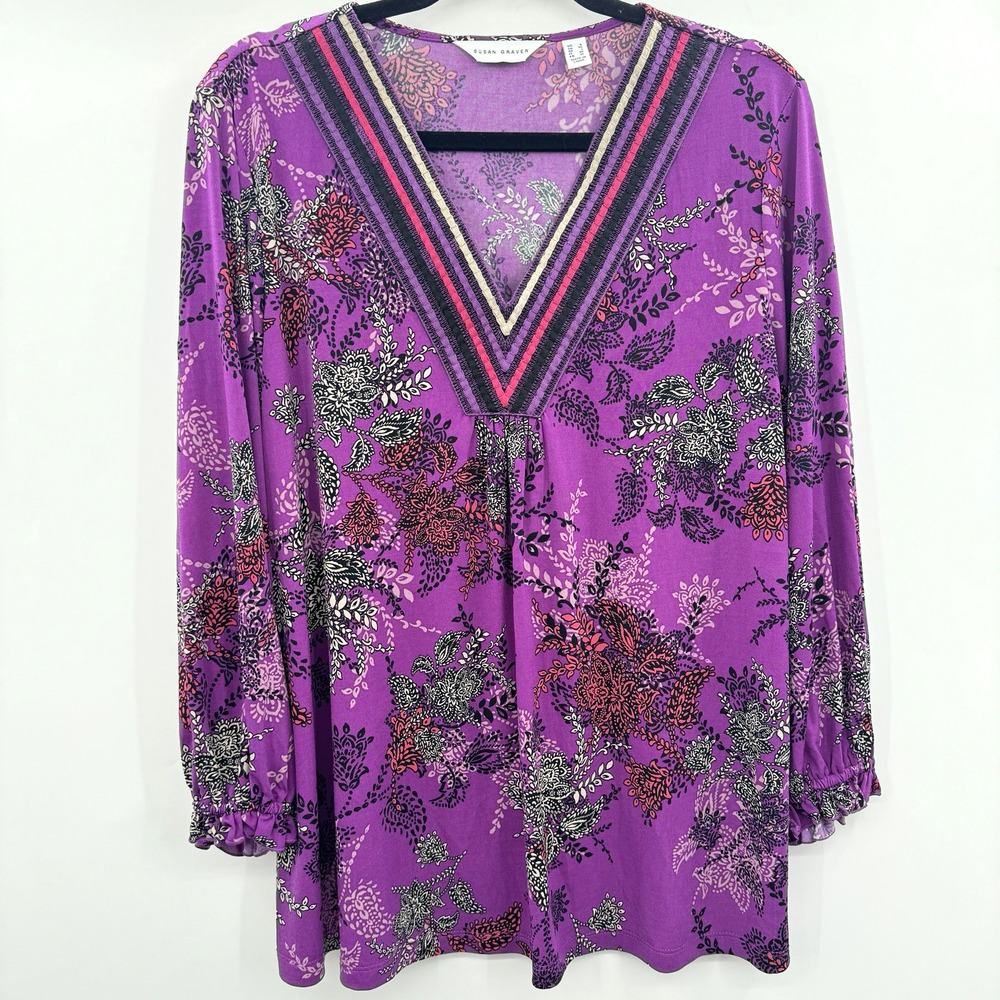 Susan Graver Liquid Knit Floral Embroidered Top Sz L Purple Boho Artsy Long Slv